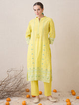Women's Yellow Printed Straight Kurta Trousers With Dupatta Set