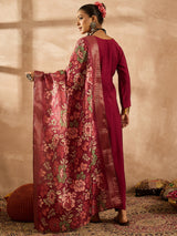 Women's Maroon Embroidered Straight Kurta Trouser With Dupatta Set