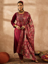 Women's Maroon Embroidered Straight Kurta Trouser With Dupatta Set