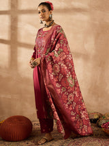 Women's Maroon Embroidered Straight Kurta Trouser With Dupatta Set