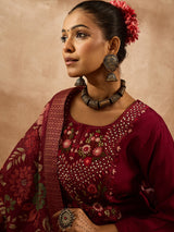Women's Maroon Embroidered Straight Kurta Trouser With Dupatta Set