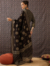 Women's Black Embroidered A-Line Kurta Trouser With Dupatta Set