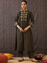 Women's Black Embroidered A-Line Kurta Trouser With Dupatta Set