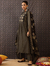 Women's Black Embroidered A-Line Kurta Trouser With Dupatta Set