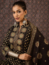 Women's Black Embroidered A-Line Kurta Trouser With Dupatta Set