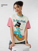Women's Beige Casual Oversized Fit Printed Half Sleeves Tshirt