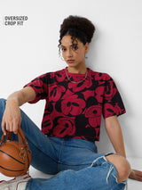 Women's Black Casual Oversized Fit Printed Half Sleeves Tshirt