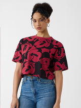 Women's Black Casual Oversized Fit Printed Half Sleeves Tshirt