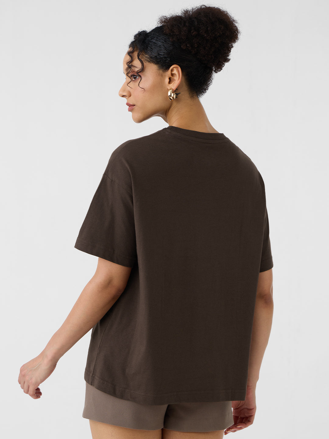 Women's Brown Casual Oversized Fit Solid Half Sleeves Tshirt