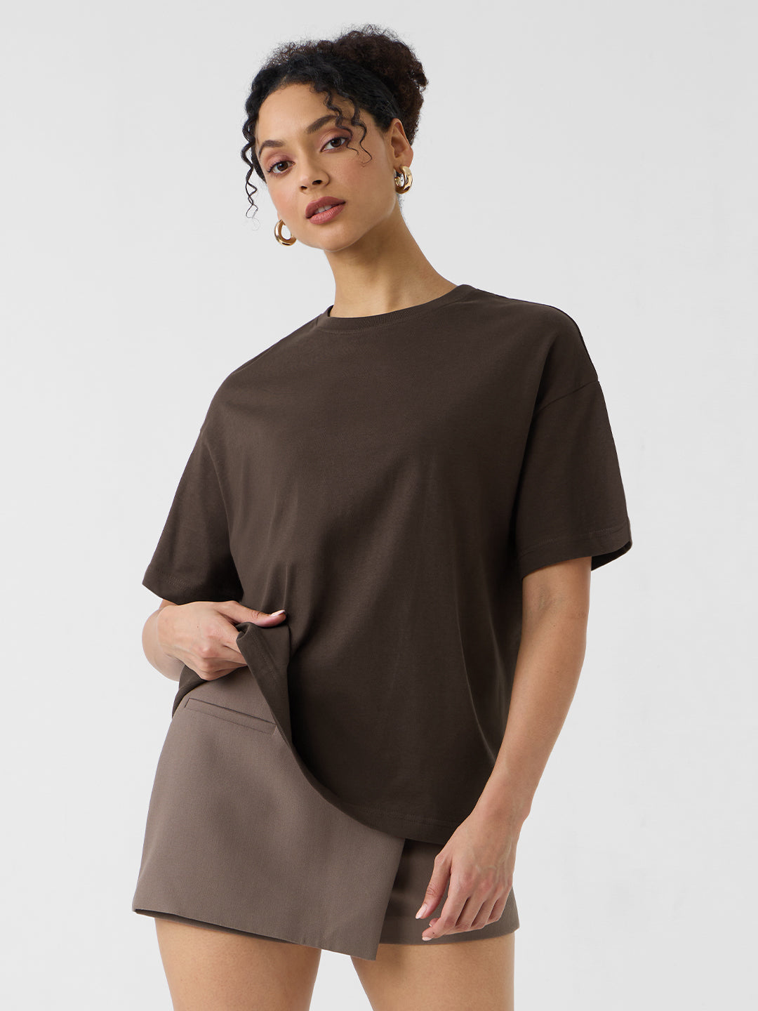 Women's Brown Casual Oversized Fit Solid Half Sleeves Tshirt