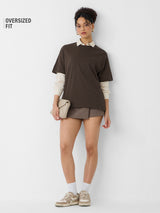 Women's Brown Casual Oversized Fit Solid Half Sleeves Tshirt