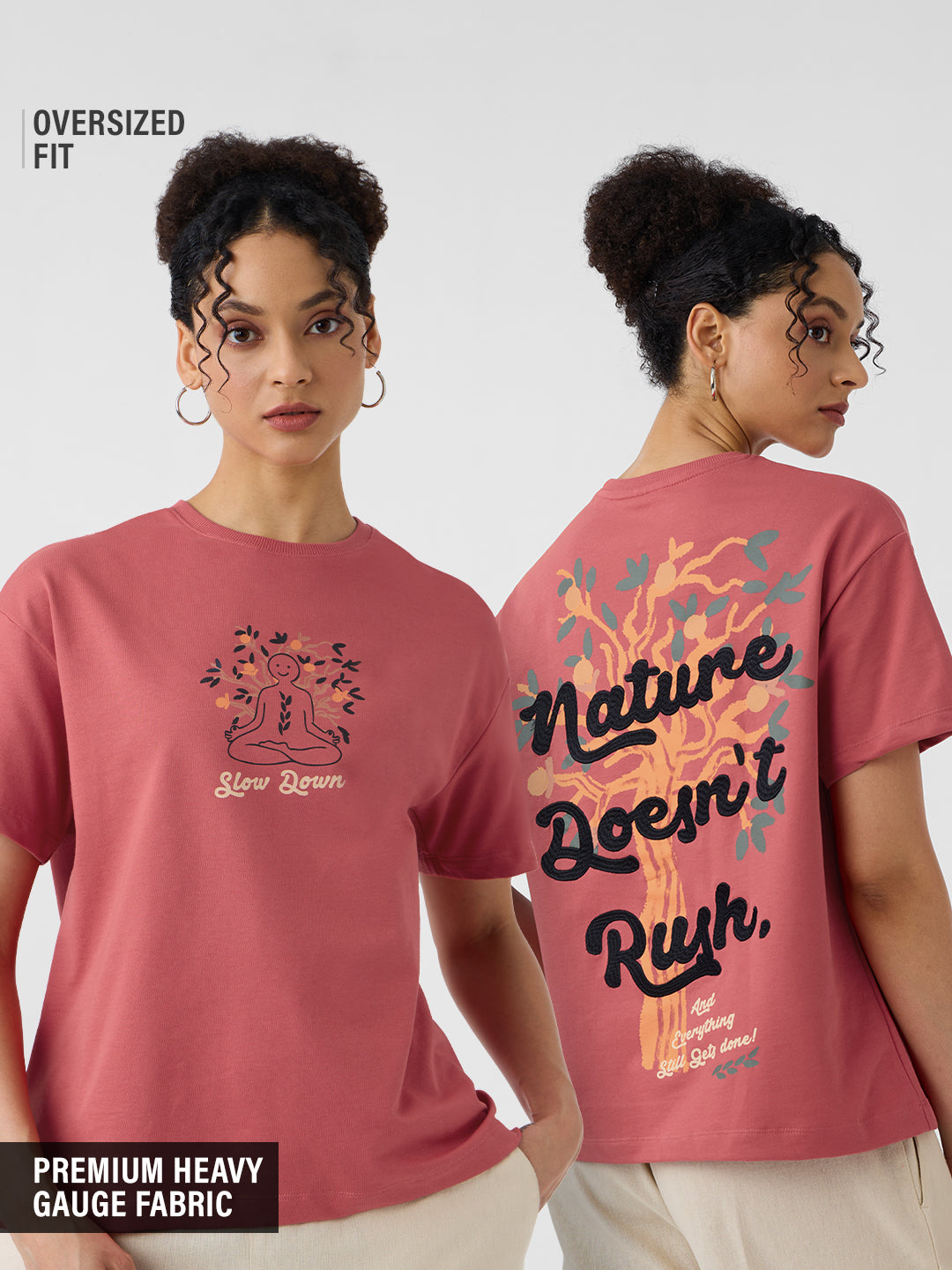 Women's Pink Casual Oversized Fit Printed Half Sleeves Tshirt