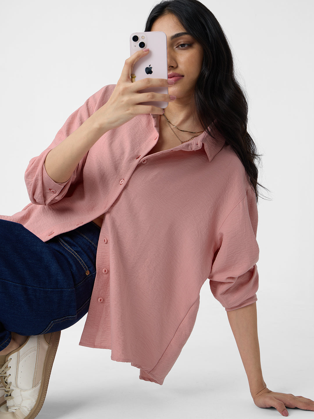 Women's Pink Casual Oversized Fit Solid Full Sleeves Shirt