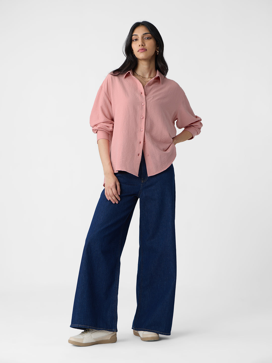 Women's Pink Casual Oversized Fit Solid Full Sleeves Shirt