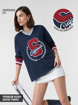 Women's Blue Casual Oversized Fit Printed Full Sleeves Tshirt