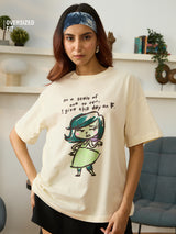 Women's Beige Casual Oversized Fit Printed Half Sleeves Tshirt