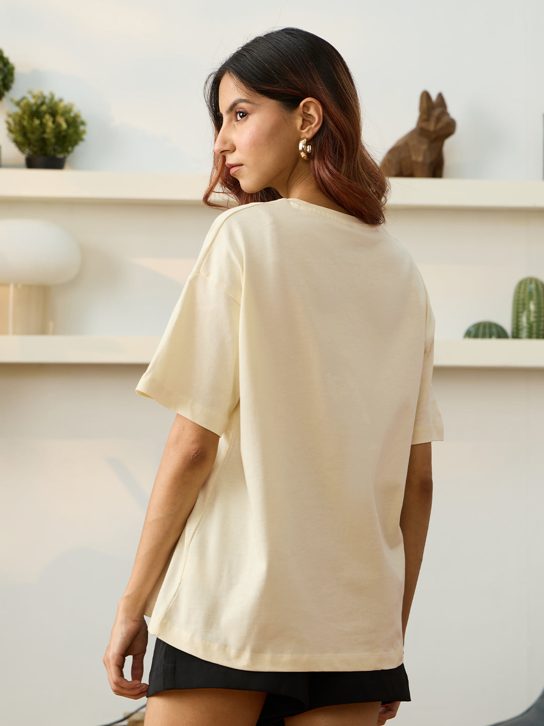 Women's Beige Casual Oversized Fit Printed Half Sleeves Tshirt