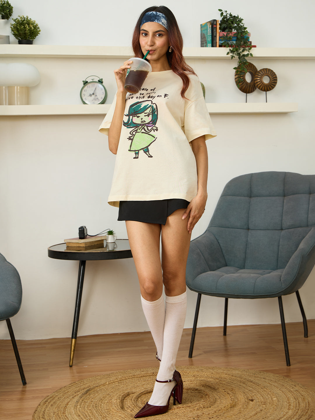 Women's Beige Casual Oversized Fit Printed Half Sleeves Tshirt