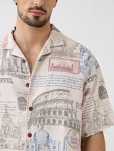 Men's Grey Casual Printed Oversized Fit Half Sleeves Shirt