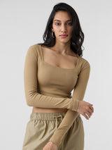 Women's Beige Casual Slim Fit Solid Full Sleeves Top