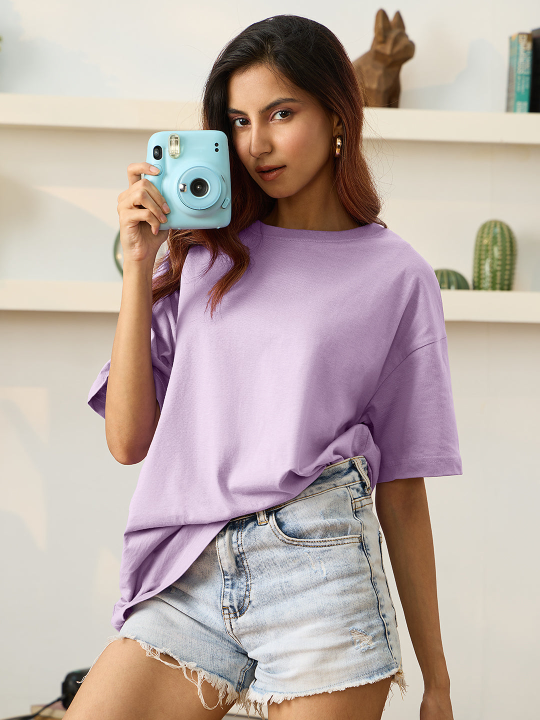 Women's Purple Casual Oversized Fit Solid Half Sleeves Tshirt