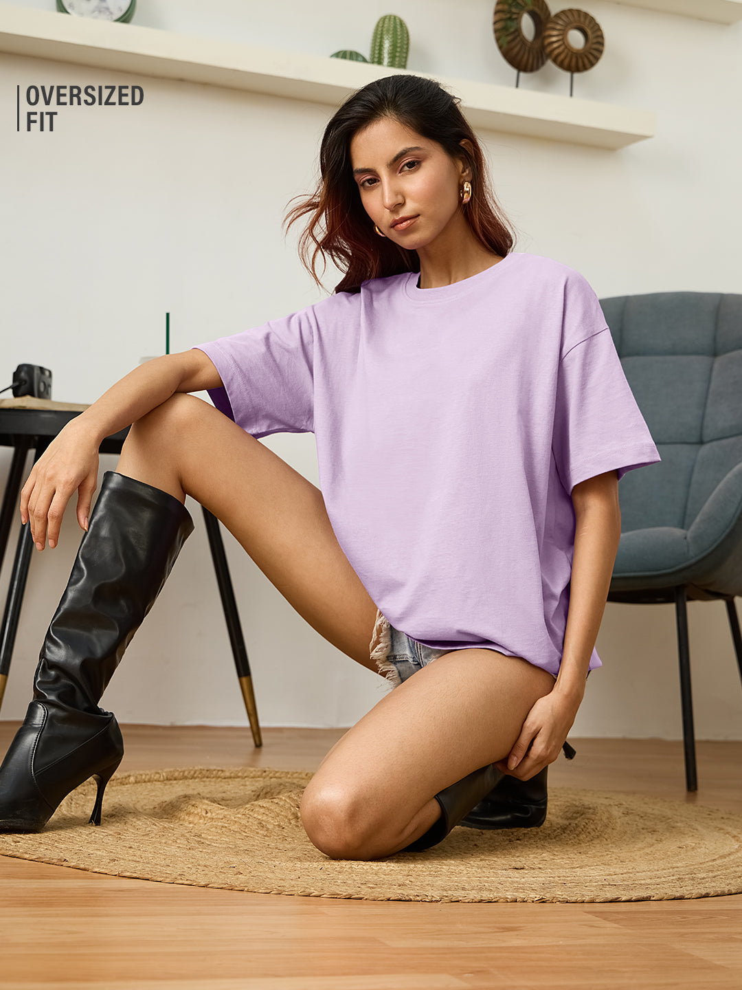 Women's Purple Casual Oversized Fit Solid Half Sleeves Tshirt