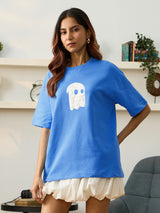 Women's Blue Casual Printed Half Sleeves Tshirt