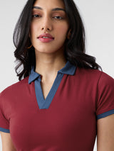 Women's Red Casual Slim Fit Solid Half Sleeves Polo Tshirt