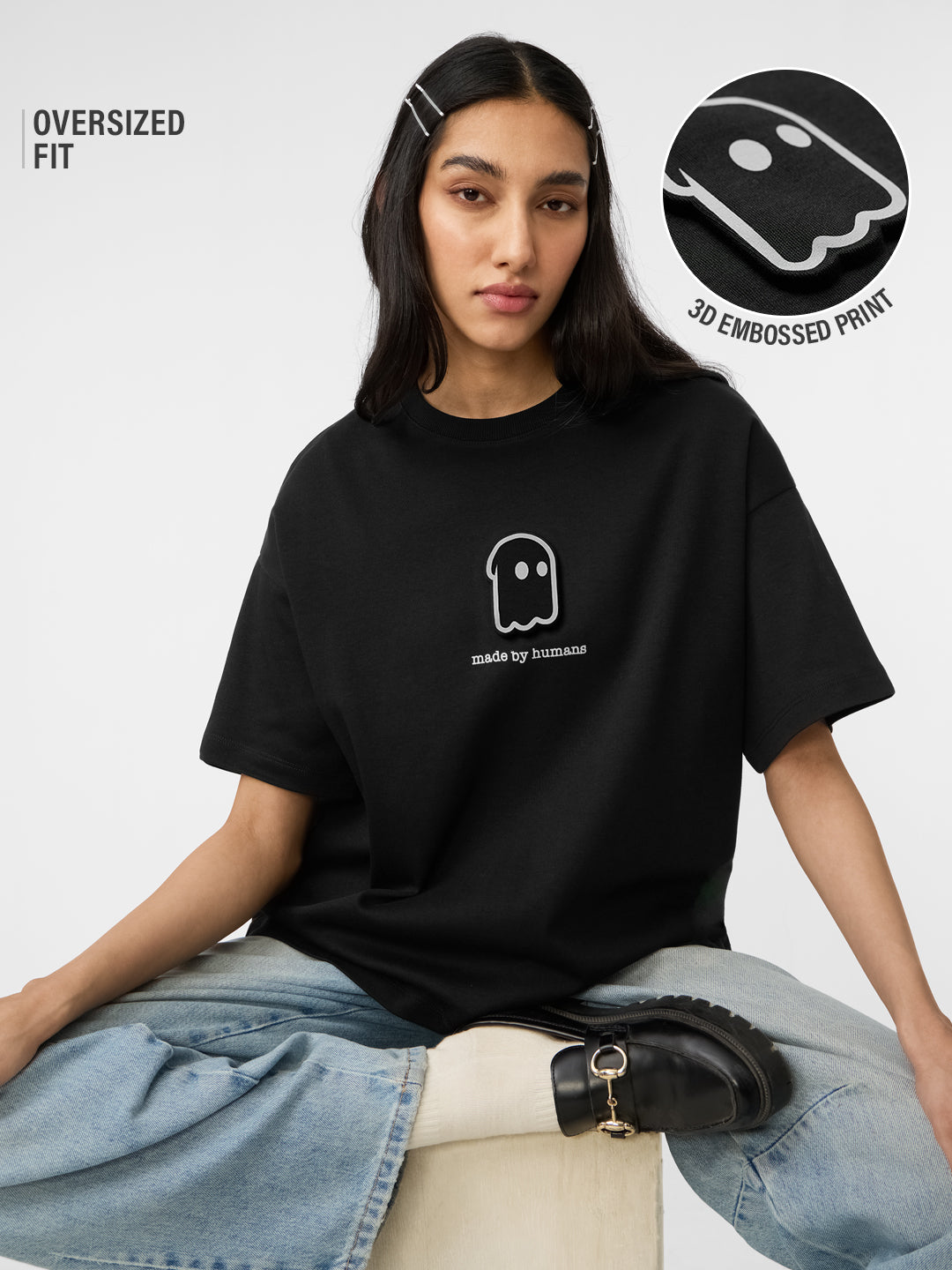 Women's Black Casual Oversized Fit Printed Half Sleeves Tshirt