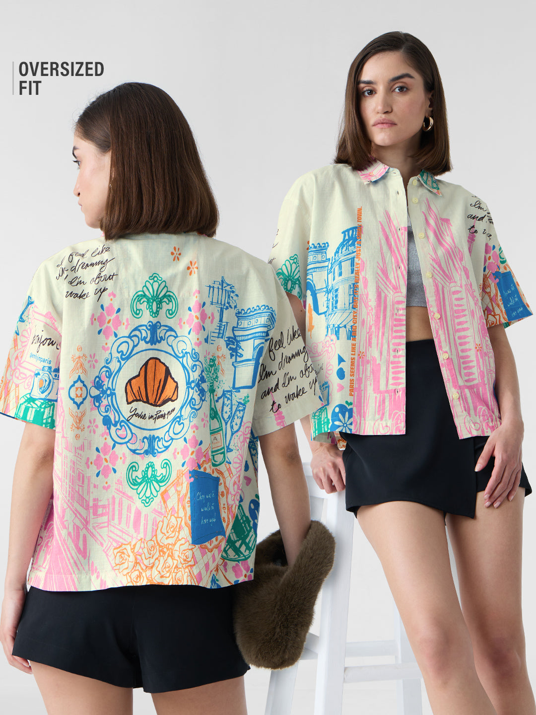 Women's White Casual Oversized Fit Printed Half Sleeves Shirt