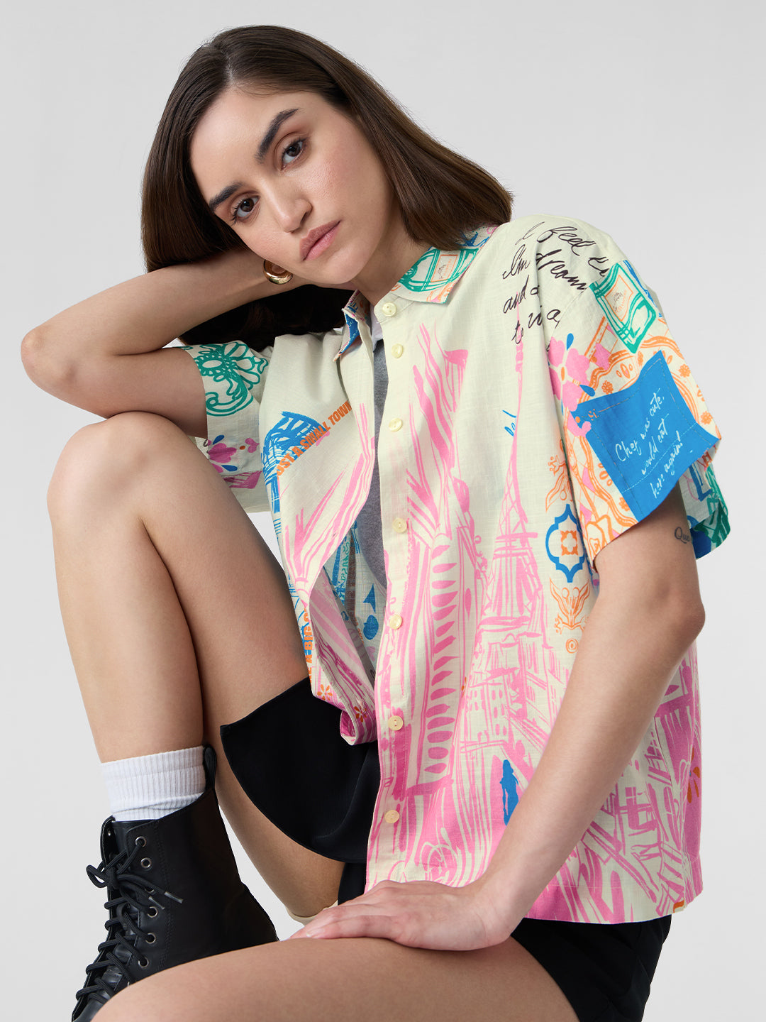 Women's White Casual Oversized Fit Printed Half Sleeves Shirt