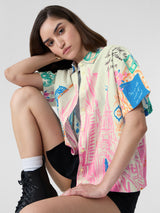 Women's White Casual Oversized Fit Printed Half Sleeves Shirt