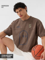 Men's Brown Casual Printed Oversized Fit Half Sleeves Tshirt