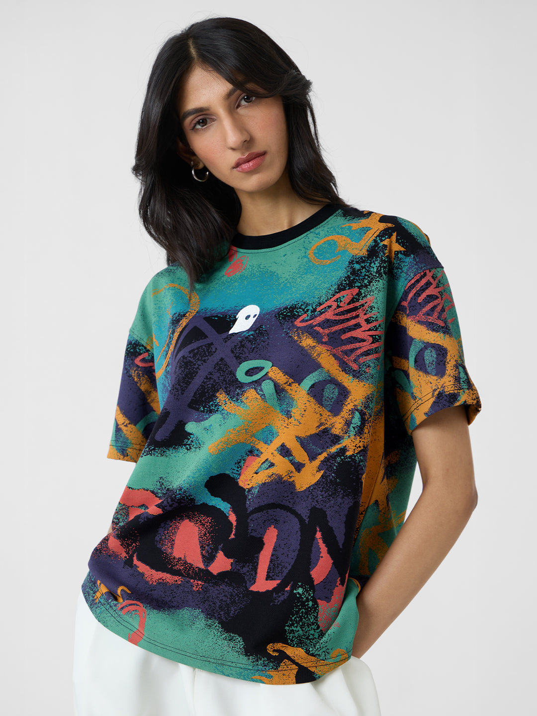 Women's Multicolor Casual Oversized Fit Printed Half Sleeves Tshirt