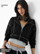 Women's Black Casual Oversized Fit Solid Full Sleeves Hoodie
