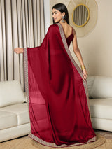 Women's Satin Maroon Embellished Ready to Wear Saree with Blouse Piece