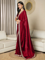 Women's Satin Maroon Embellished Ready to Wear Saree with Blouse Piece