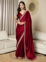 Women's Satin Maroon Embellished Ready to Wear Saree with Blouse Piece