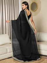 Women's Satin Black Embellished Ready to Wear Saree with Blouse Piece
