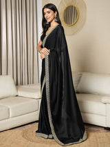 Women's Satin Black Embellished Ready to Wear Saree with Blouse Piece