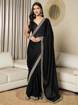 Women's Satin Black Embellished Ready to Wear Saree with Blouse Piece