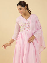 Women's Pink Embroidered A-Line Kurta With Dupatta Set