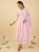 Women's Pink Embroidered A-Line Kurta With Dupatta Set