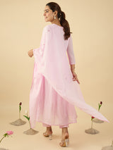 Women's Pink Embroidered A-Line Kurta With Dupatta Set