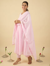 Women's Pink Embroidered A-Line Kurta With Dupatta Set