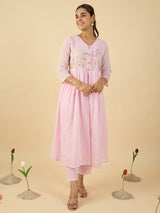 Women's Pink Embroidered A-Line Kurta With Dupatta Set