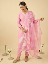 Women's Pink Embroidered Straight Kurta With Dupatta Set