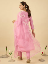 Women's Pink Embroidered Straight Kurta With Dupatta Set