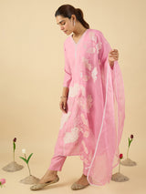 Women's Pink Embroidered Straight Kurta With Dupatta Set