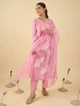 Women's Pink Embroidered Straight Kurta With Dupatta Set